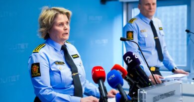Grete Lien Metlid (L), head of the police's Joint Unit for Operational Service, and Frode Larsen, head of the Joint Unit for Investigation and Intelligence, give a press conference in connection with an explosion at the US Embassy in Oslo, on March 8, 2026.
