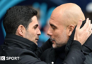 Arsenal manager Mikel Arteta embracing Manchester City boss Pep Guardiola