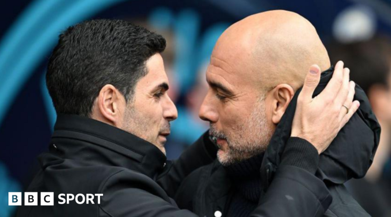 Arsenal manager Mikel Arteta embracing Manchester City boss Pep Guardiola