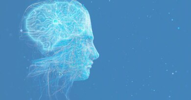 Artificial General Intelligence robot with a glowing circuit brain.