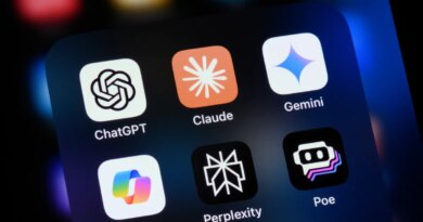 Popular AI virtual assistant apps on an Apple iPhone: ChatGPT, Claude, Gemini, Copilot, Perplexity, and Poe.