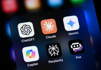 Popular AI virtual assistant apps on an Apple iPhone: ChatGPT, Claude, Gemini, Copilot, Perplexity, and Poe.