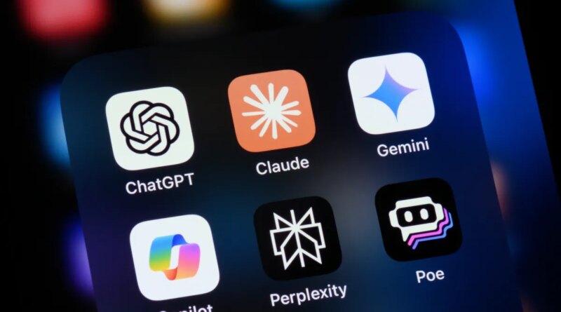 Popular AI virtual assistant apps on an Apple iPhone: ChatGPT, Claude, Gemini, Copilot, Perplexity, and Poe.