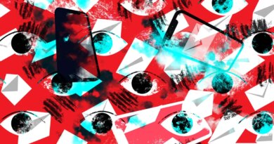 An illustration of mailbox icons falling out of the cloud with phones in the red background, symbolizing phone spyware.