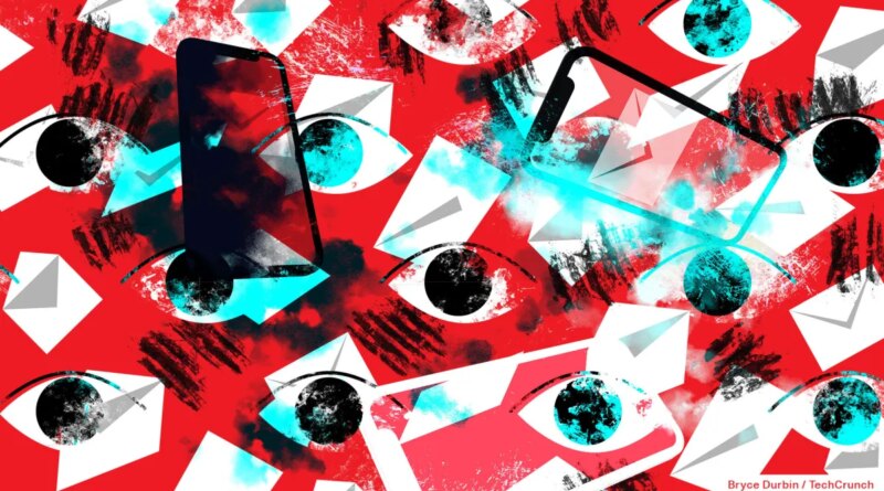 An illustration of mailbox icons falling out of the cloud with phones in the red background, symbolizing phone spyware.