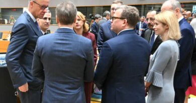 Germany's Chancellor Friedrich Merz (L) speaks with (from L) Bulgaria Caretaker Prime Minister Andrey Gurov, Latvia's Prime Minister Evika Silina, Estonia's Prime Minister Kristen Michal, Finland's Prime Minister Petteri Orpo, Cyprus' President Nikos Christodoulides and EU High Representative and Vice-President for Foreign Affairs and Security Policy Kaja Kallas ahead of rountable during the EU Summit at the EU headquarters in Brussels, on March 19, 2026.