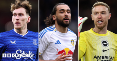 James Garner of Everton, Dominic Calvert-Lewin of Leeds, Jason Steele of Brighton 