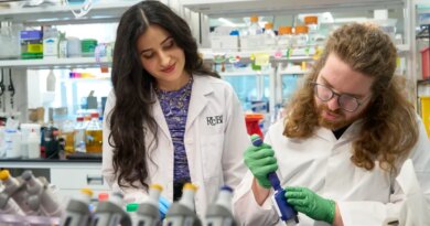 Two scientists pipette chemicals in a lab.