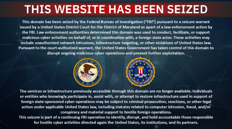 A website takedown and seizure notice by the FBI and the U.S. Department of Justice, which replaced the contents of two websites linked to the pro-Iranian hacktivist group Handala.