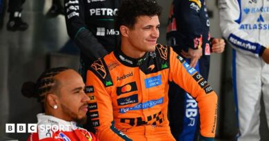 Lewis Hamilton, wearing his red Ferrari suit and Lando Norris, wearing his papaya Mclaren suit, pose during the F1 2026 photocall in Bahrain