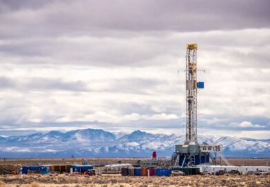 A drilling rig bores into the Earth to tap geothermal energy.