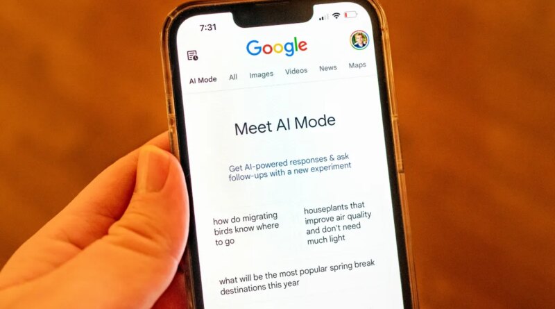 A person holding an iPhone and using Google AI Mode