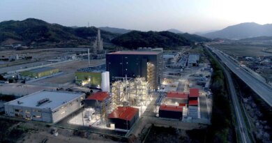 A battery materials factory is lit up at dusk.