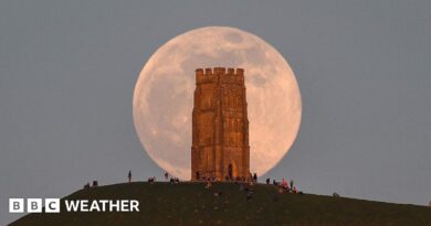 A huge pink hued Moon sits in a grey sky, behind the tower on Glastonbury Tor with people milling around at the base
