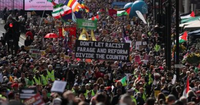 Demonstrators march against far-right extremism from Park Lane to Trafalgar Square, organised by the Together Alliance, a coalition of unions and civil society groups, in London, Britain, March 28, 2026. REUTERS/Hannah McKay
