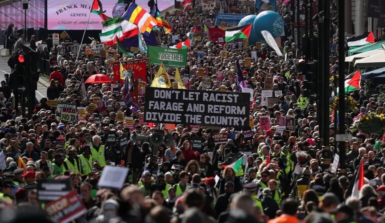 Demonstrators march against far-right extremism from Park Lane to Trafalgar Square, organised by the Together Alliance, a coalition of unions and civil society groups, in London, Britain, March 28, 2026. REUTERS/Hannah McKay
