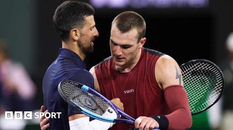 Novak Djokovic and Jack Draper hug at the net after their match at Indian Wells