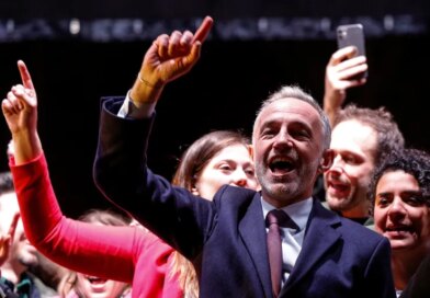 Socialist Party (PS) Member of Parliament and left wing Paris mayoral candidate Emmanuel Gregoire celebrates during a gathering following the second round of France's 2026 municipal elections in Paris on March 22, 2026.