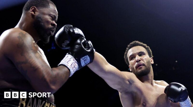 Moses Itauma celebrates as Jermaine Franklin is on the canvas