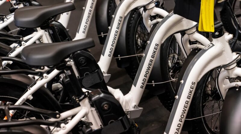 Stored e-bikes in a warehouse at Rad Power Bikes in Seattle.