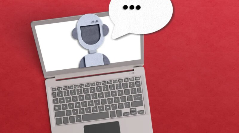 AI agent concept with robot inside a laptop with a voice bubble on red background.