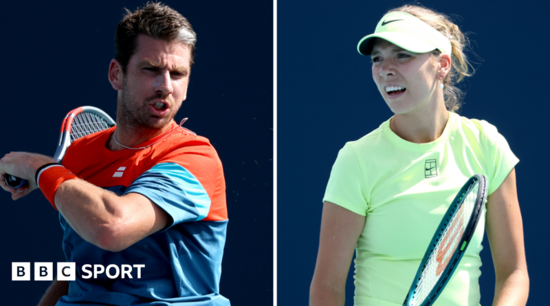 Cameron Norrie plays a forehand while Katie Boulter looks disappointed between points