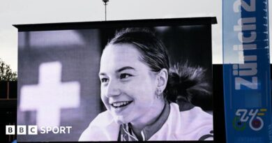 A picture of Muriel Furrer is displayed at the Road World Championshis in 2024