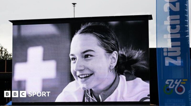 A picture of Muriel Furrer is displayed at the Road World Championshis in 2024