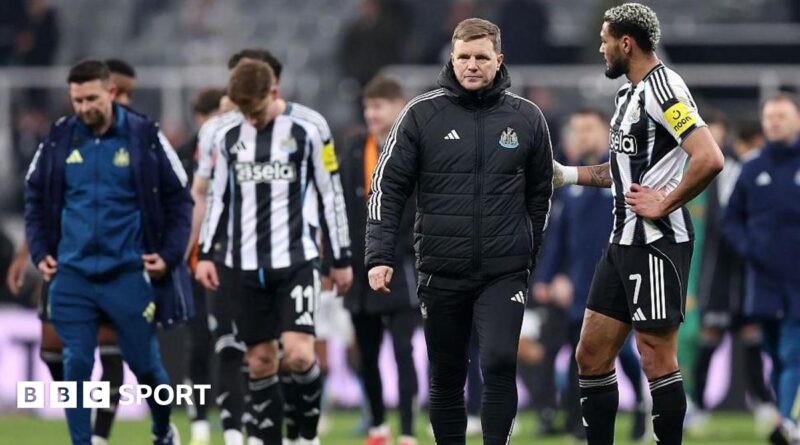 Newcastle United head coach Eddie Howe reacts after the defeat against Manchester City at St James' Park on 7 March, 2026