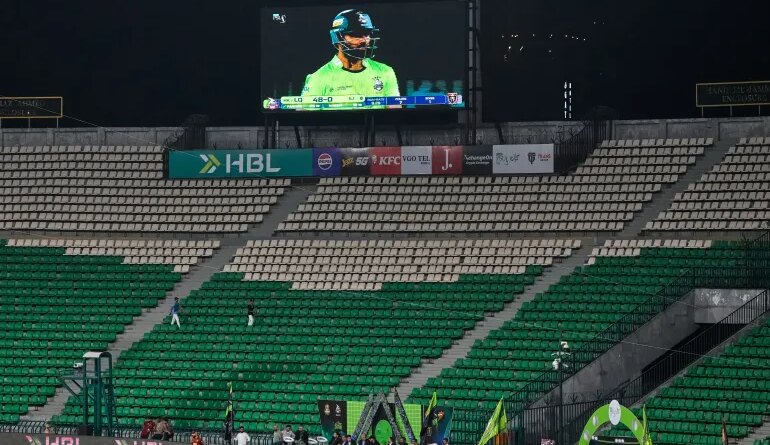 A view of the Gaddafi Stadium, where opening cricket match of the Pakistan Super League between Lahore Qalandars and Hyderabad Kingsmen, is taking place without spectators