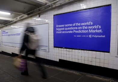 A Polymarket advertisement in a subway station in New York, US, on Thursday, Feb. 5, 2026. Kalshi and Polymarket, which have been assailed by critics for encouraging financial risk taking by making betting more accessible, are now using the promise of free groceries to win over New Yorkers.