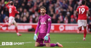 Guglielmo Vicario reacts to conceding a goal at Nottingham Forest