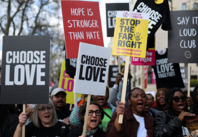 Protesters march in London to oppose the rise of political right