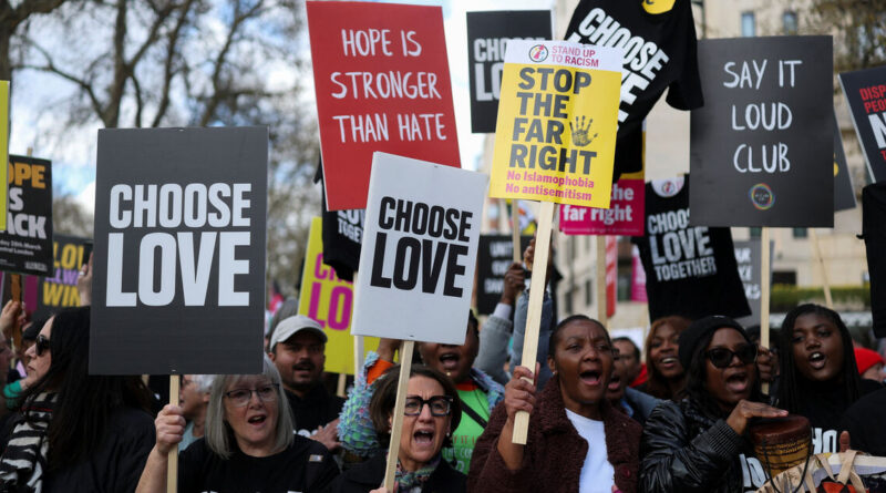 Protesters march in London to oppose the rise of political right