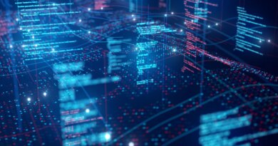Abstract technology image of running program code on digital data wave.