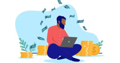 Black ethnic man sitting with laptop on floor making income online. Flat design vector illustration with white background