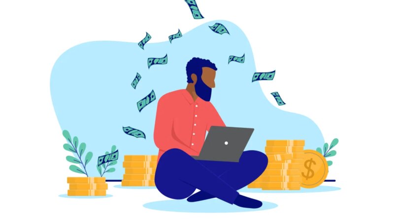 Black ethnic man sitting with laptop on floor making income online. Flat design vector illustration with white background