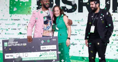 Kevin A. Damoa, Founder & CEO, Glīd, Claire Kroft and Ankit Malhotra, winners of the Startup Battlefield 2025, pose onstage during day three of TechCrunch Disrupt 2025 at Moscone Center on October 29, 2025 in San Francisco, California.