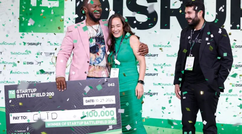 Kevin A. Damoa, Founder & CEO, Glīd, Claire Kroft and Ankit Malhotra, winners of the Startup Battlefield 2025, pose onstage during day three of TechCrunch Disrupt 2025 at Moscone Center on October 29, 2025 in San Francisco, California.