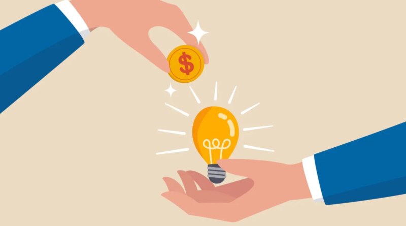 Crowd funding, new business or start up company to get money or venture capital to support or sponsor business concept, businessman hand giving money dollar coin to new business idea light bulb.