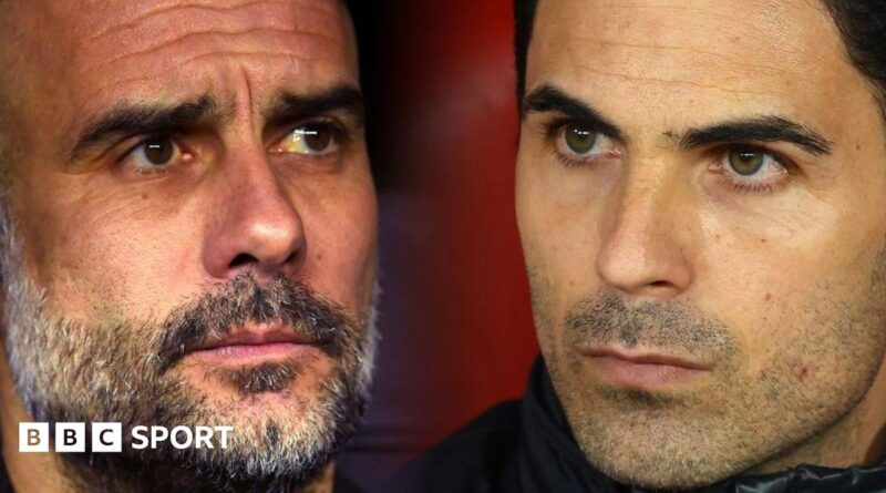 Composite image in which a comparison has been made between Pep Guardiola, Manager of Manchester City and Mikel Arteta, Manager of Arsenal