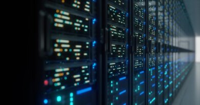 Modern data center with servers with lights on them.