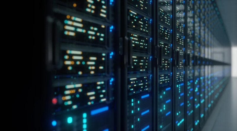 Modern data center with servers with lights on them.