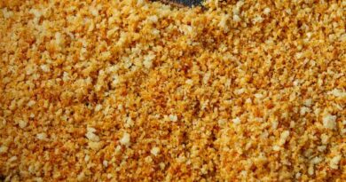 Toasted panko breadcrumbs in a skillet.