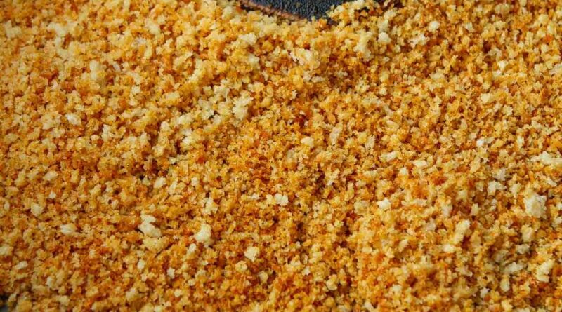 Toasted panko breadcrumbs in a skillet.