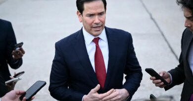 US Secretary of State Marco Rubio speaks to the press following a G7 Foreign Ministers' meeting with Partner Countries before his departure at the Bourget airport in Le Bourget, outside Paris, on March 27, 2026.