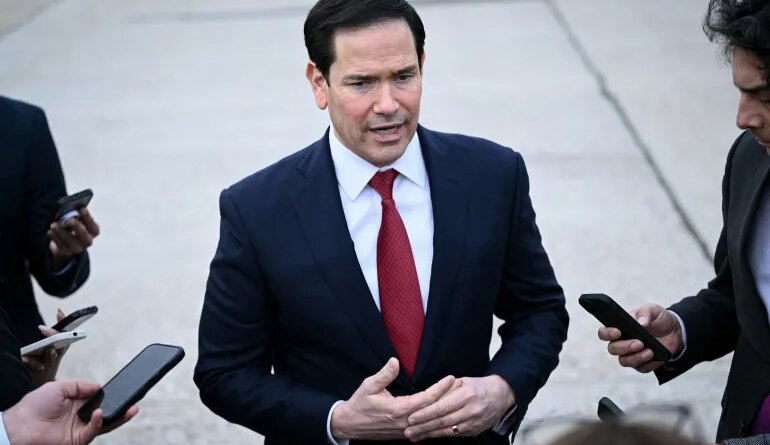 US Secretary of State Marco Rubio speaks to the press following a G7 Foreign Ministers' meeting with Partner Countries before his departure at the Bourget airport in Le Bourget, outside Paris, on March 27, 2026.