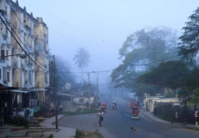 A hazy street scene shows a curved road lined with buildings and large trees. People move on foot, bicycle, and in three-wheeled vehicles, as a rooster walks in the foreground.