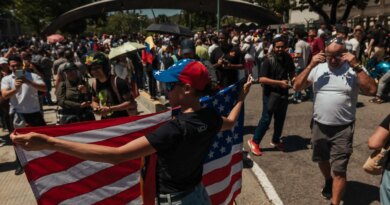 A person in a red-and-blue cap holds a large American flag. A crowd fills the background.