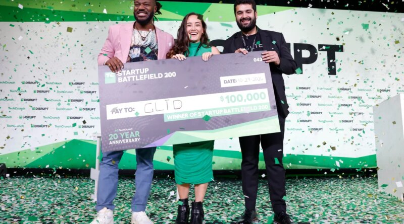 Kevin A. Damoa, Founder & CEO, Glīd, Claire Kroft and Ankit Malhotra, winners of the Startup Battlefield 2025, pose onstage during day three of TechCrunch Disrupt 2025 at Moscone Center on October 29, 2025 in San Francisco, California.